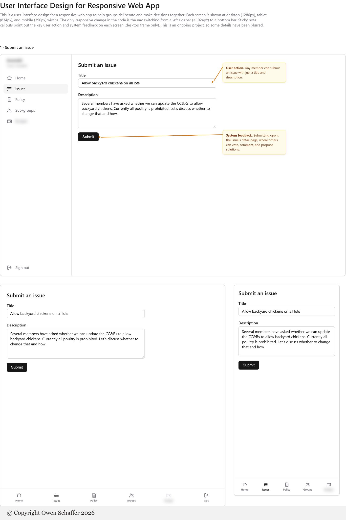 Submit an issue screen at desktop, tablet, and mobile widths, with callouts on user action and system feedback