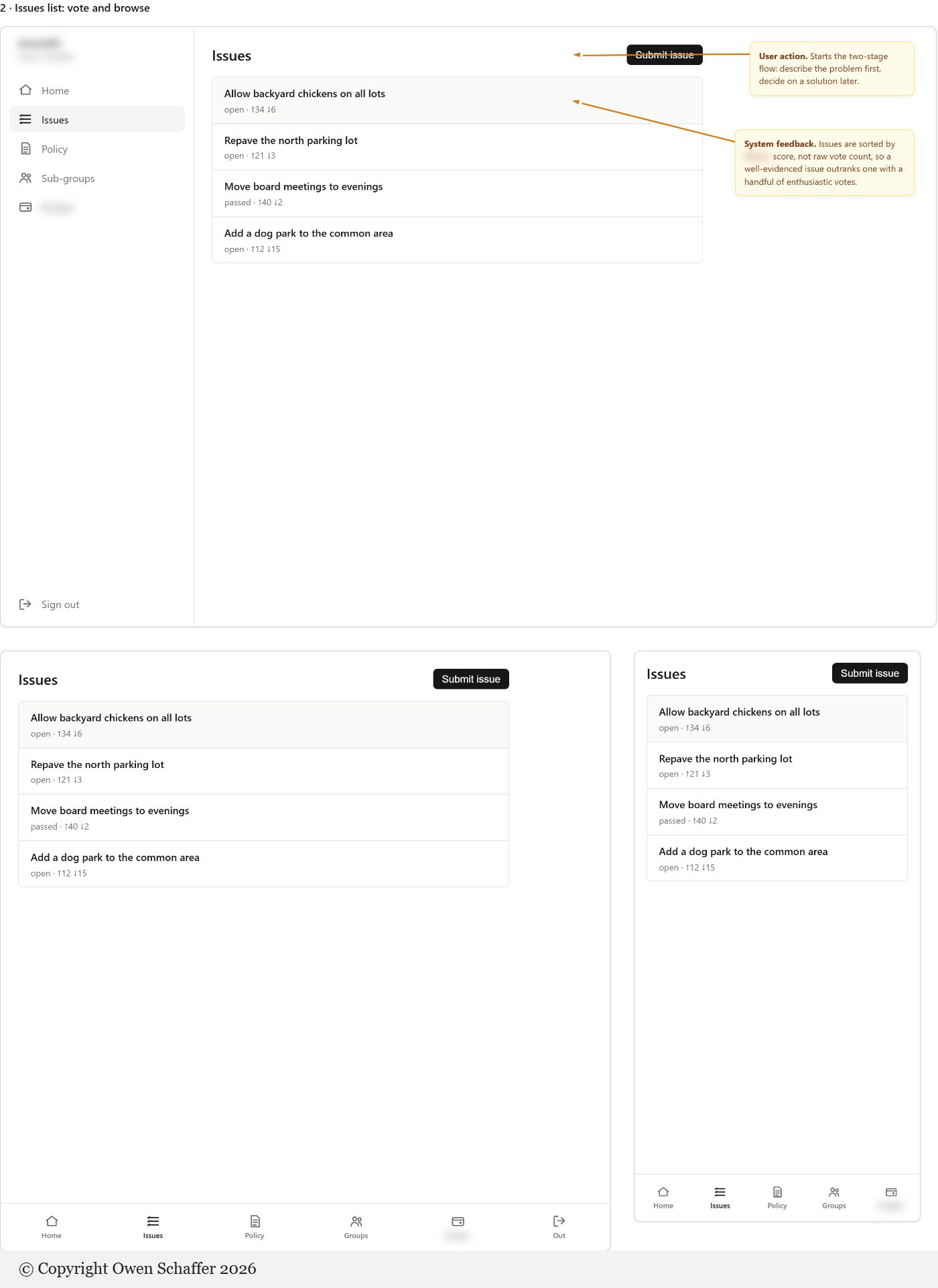 Issues list screen at three widths, with callouts on submitting an issue and how issues are sorted