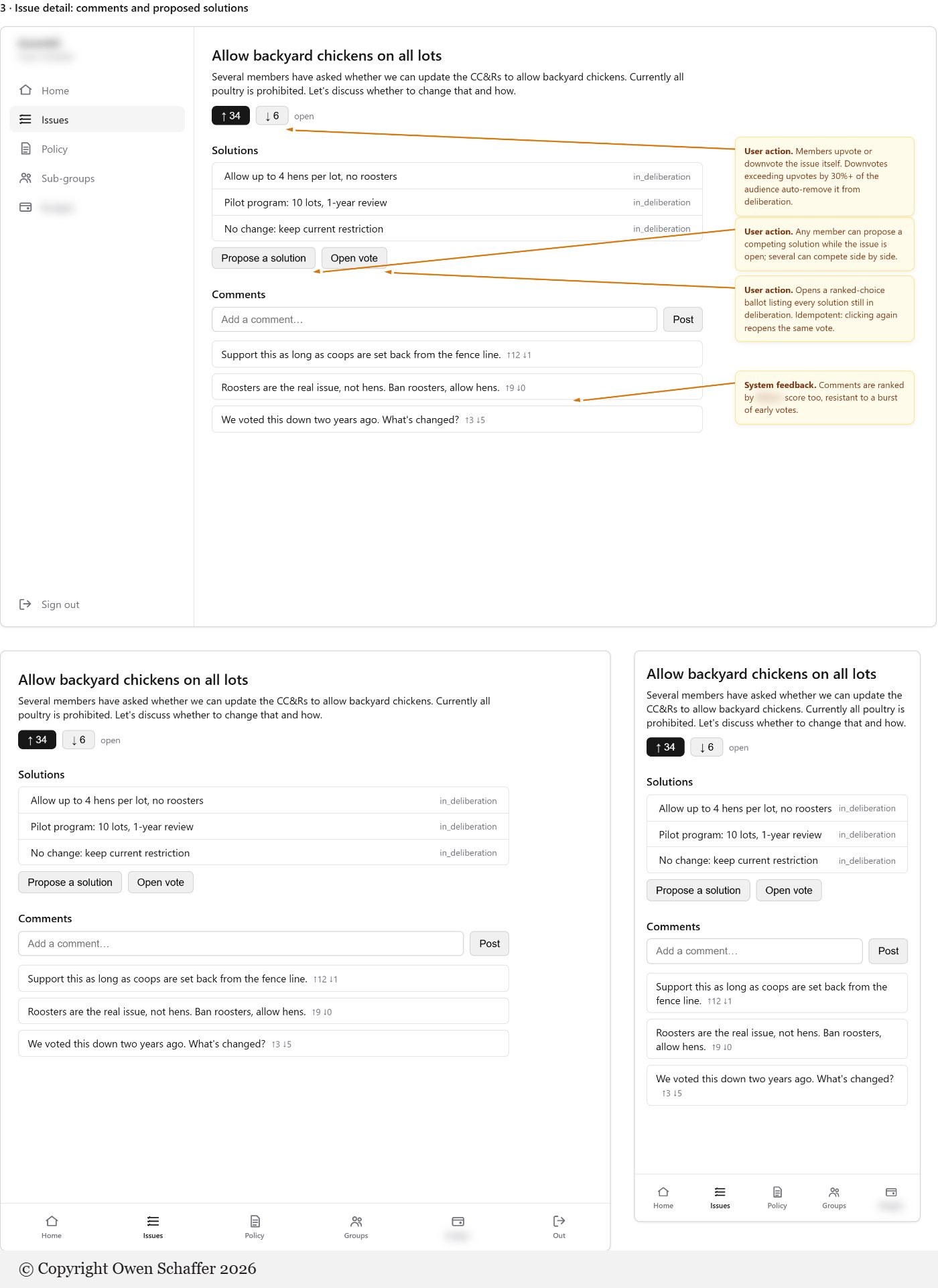 Issue detail screen with comments and proposed solutions at three widths, with callouts on voting and proposing