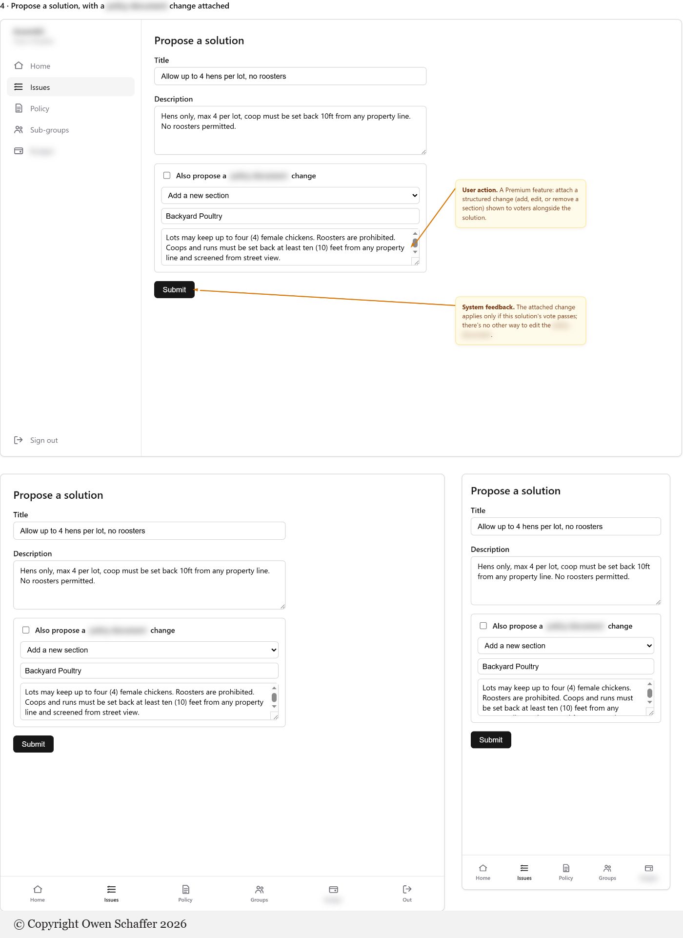Propose a solution screen with an attached change at three widths, with callouts