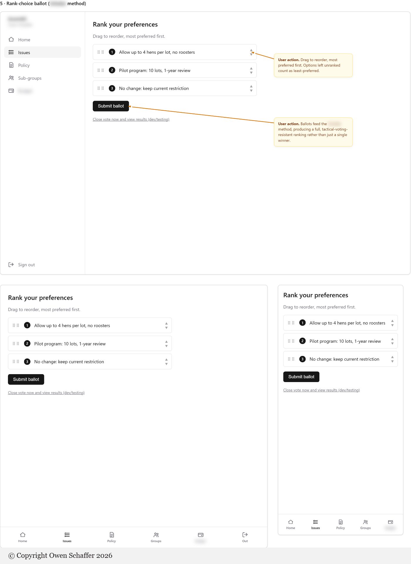 Rank-choice ballot screen at three widths, with callouts on ranking and submitting
