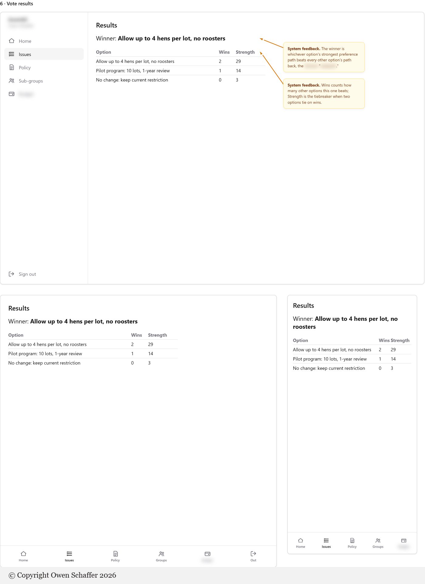 Vote results screen at three widths, with callouts on how the winner is chosen