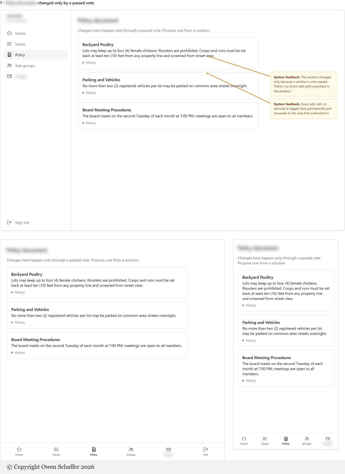 Policy document screen at three widths, showing that sections change only through a passed vote