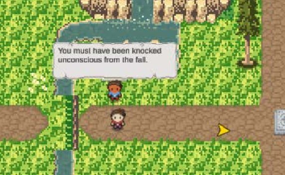 Game screenshot: a yellow arrow beside the player character points to the next destination on the path
